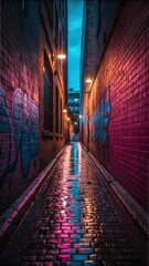 Graffiti alleyway illuminated by neon lights and reflections