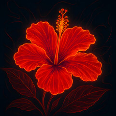 Tropical Neon Hibiscus with Glowing Outline