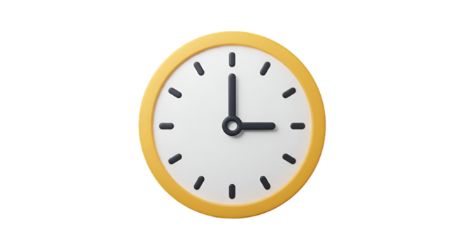 Isolated Clock Illustration in Yellow with Black Hands on Transparent Background