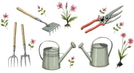 Illustration Of Gardening Tools And Flowers On Transparent Background