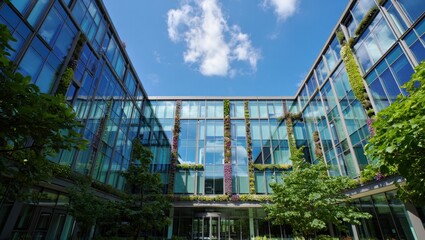 Modern glass building courtyard with lush greenery and blue sky