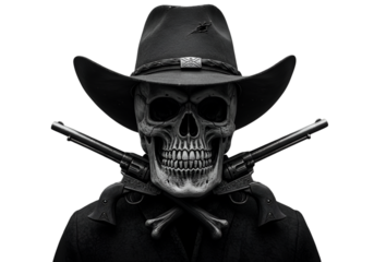 Isolated Black And White Illustration Of Cowboy Skull With Guns Crossed
