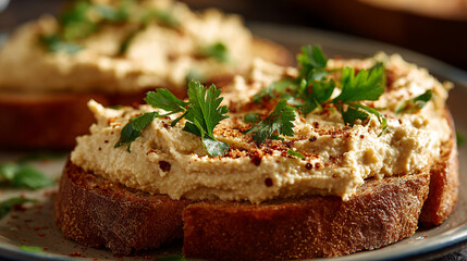 Appetizing Hummus Toast Garnished With Fresh Parsley And Spices