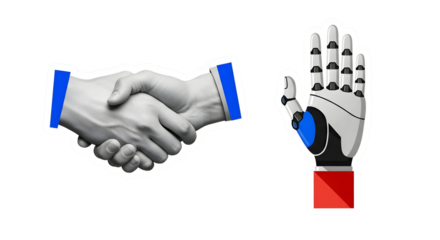 Human and Robot Handshake Illustration: Artificial Intelligence and Future Tech Partnership