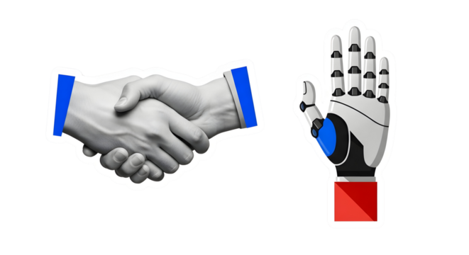 Human and Robot Handshake Illustration: Artificial Intelligence and Future Tech Partnership