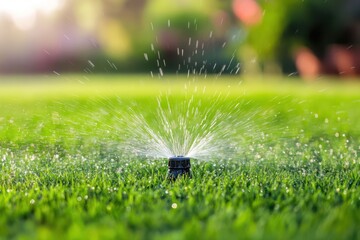 Sprinkler watering lush green lawn close-up