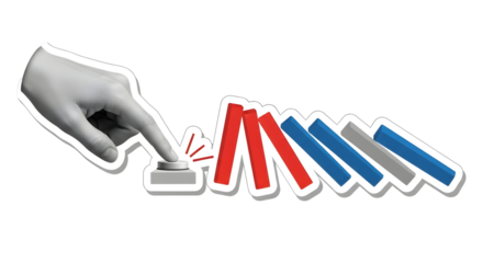 Finger triggers a domino effect: chain reaction, cause and effect, and strategic planning.