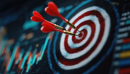 Close-up of a bullseye target with two red darts in the center, overlaid on a digital financial chart background