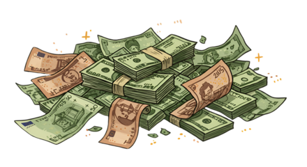 Illustrative Stack Of Money: Dollar Bills And Banknotes On Black Background