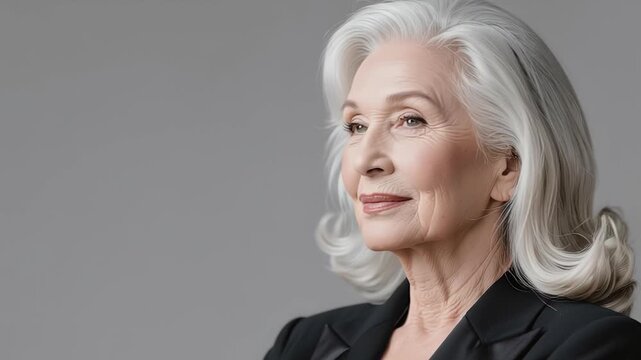 Beautiful gorgeous 50s mid aged mature woman looking at camera An elegant older woman with white hair looks confidently upward, dressed in a black blazer, against a plain grey background.