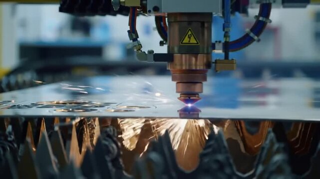 Precision laser cutting metal sheet in automated industrial manufacturing process
