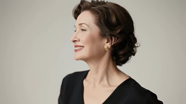 Beautiful gorgeous 50s mid aged mature woman looking at camera An elegant older woman with short dark hair and classic makeup poses confidently against a plain background.