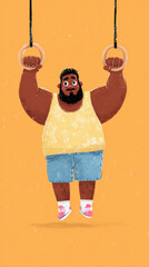 Plus-size man gripping gymnastic rings during focused workout - Digital illustration