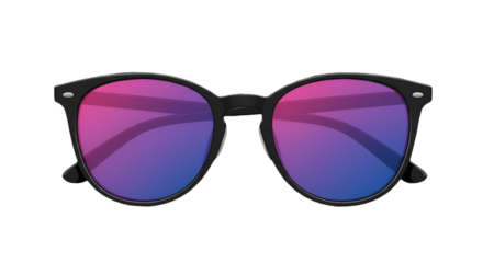 Sunglasses Illustration On Black Background Featuring Purple Lenses And Black Frame
