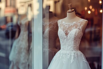 Naklejka premium Wedding gown displayed in boutique window