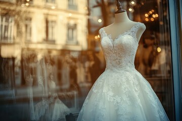 Wedding gown displayed in boutique window