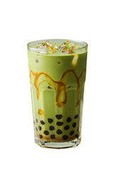 Iced Matcha Bubble Tea Illustration With Caramel Drizzle Isolated on Transparent Background