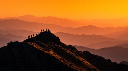 A team of hikers reaches the summit of a rugged mountain at sunrise, silhouetted against a breathtaking golden sky, story  concept meaning design Hikers on a mountain peak at sunset