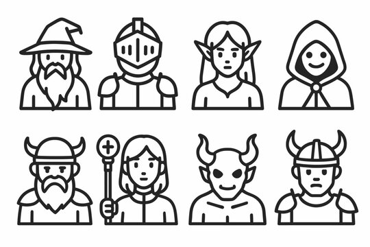 Fantasy RPG Character Icons Set – Wizard, Knight, Elf, Cleric, Demon, Viking, Hero