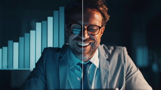 A businessman  dark modern office, split screen left side frustrated stagnant chart, right side smiling skyrocketing bar graph. His tablet glows brighter success side. Surreal symbolic storytelling 4k