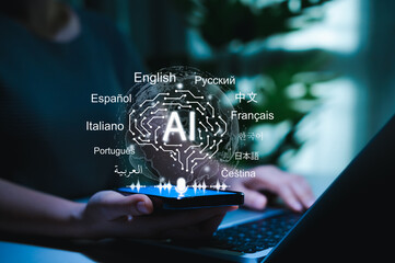 AI powered language translation technology. User using smartphone with AI multiple languages, artificial intelligence driven multilingual translation, global communication technology, translation app,