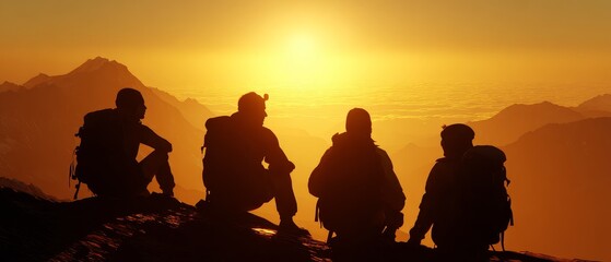 A team of hikers reaches the summit of a rugged mountain at sunrise, silhouetted against a breathtaking golden sky, story  concept meaning design Hikers on a mountain peak at sunset