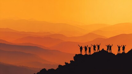 A team of hikers reaches the summit of a rugged mountain at sunrise, silhouetted against a breathtaking golden sky, story  concept meaning design Hikers on a mountain peak at sunset