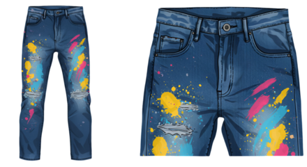 Isolated Abstract Illustration of Blue Jeans with Paint Splashes Background