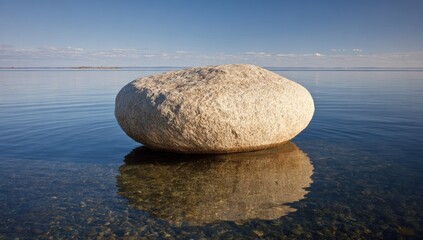 A large, smooth stone rests in clear, tranquil water.