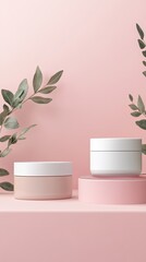 Minimalist Skincare Product Mockup with Pink Podiums and Eucalyptus Branches