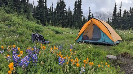 Double layered camping tent with a rainfly located in a lush meadow with wildflowers set up for a comfortable outdoor stay with extra weather protection