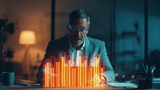 Time-lapse sequence businessman desk sunrise to night, analyzing data tablet. holographic bar chart grows higher day. Office environment changes time, warm cool tones, ambient particle lights