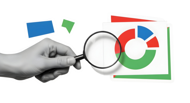 Data Analysis: Hand Holding Magnifying Glass over Pie Chart for Business Review, and Insights
