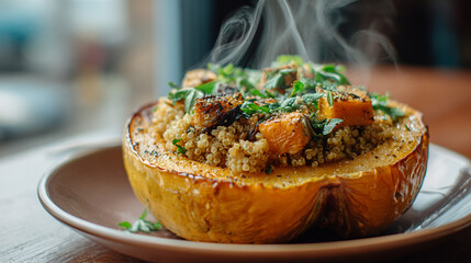 Freshly Baked Steaming Acorn Squash Stuffed With Quinoa