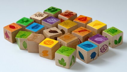 Colorful wooden blocks with nature-themed designs.