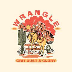 Western Retro Design &ndash; "Wrangle The Day"

This artwork captures a bold retro Western aesthetic, featuring a lone cowboy riding his horse through a rugged desert landscape. Surrounded by towering cacti