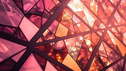 Fototapeta premium Close-up of stained glass-style geometric shapes in orange and pink color scheme, set against a solid background with bright lighting, highlighting vibrant patterns and vivid hues.