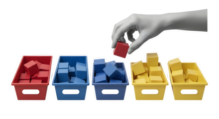 Hand Sorting Colorful Blocks into Containers: A Concept of Organization and Efficiency.