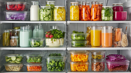 Refrigerator Full Of Healthy Prepped Fruits Vegetables And Drinks In Glass Jars