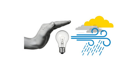Protecting ideas from bad weather: hand shielding light bulb from rain and wind illustration.