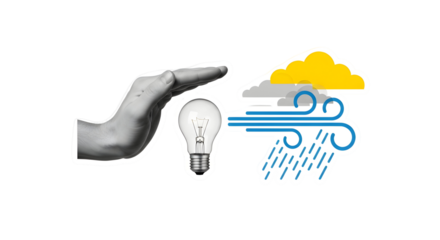 Protecting ideas from bad weather: hand shielding light bulb from rain and wind illustration.
