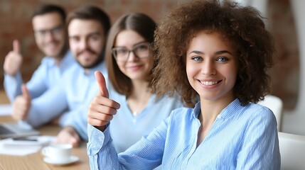 Happy Diverse Team Showing Thumbs Up with Smiles in Modern Office Environment