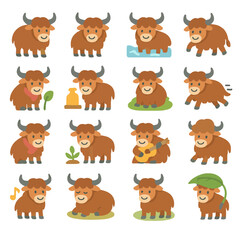 Fototapeta premium 20 Cute Yak Icons Flat Vector Illustration Set
