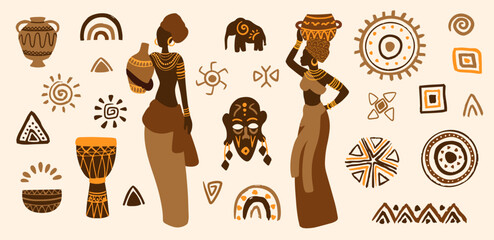 African woman and Boho abstract shapes collection