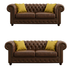 Isolated 3D Render Brown Leather Sofa With Yellow Pillows Background