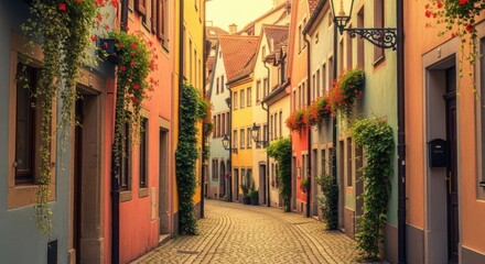 Fototapeta premium Charming European Cobblestone Street Lined With Colorful Buildings and Blooming Flowers