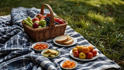 A picnic blanket spread out with food and drinks in a park