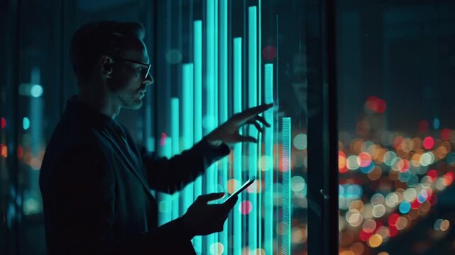 A futuristic businessman glass walled skyscraper night, glowing holographic bar chart projected tablet bars rise swipes gestures air, city glass lighting, cinematic tech noir aesthetic, tracking shot - Powered by Adobe