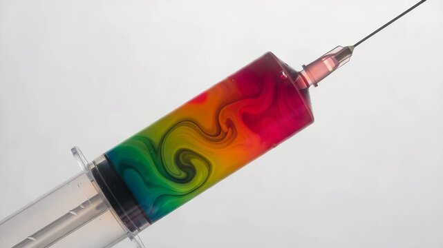 Colorful syringe filled with vibrant liquid against white background  