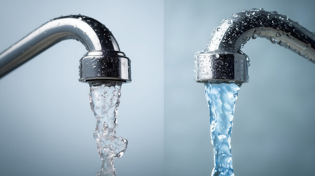Soft vs hard water. Water flowing from two different faucets, one clear and one blue, showcasing the contrast between fresh and treated water in a modern kitchen setting with droplets